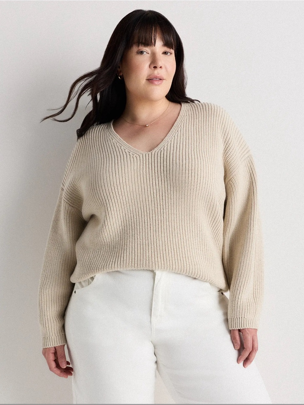Quince Fisherman V-Neck Sweater 100% Organic Cotton in Speckled Beige Size Large - Picture 3 of 15